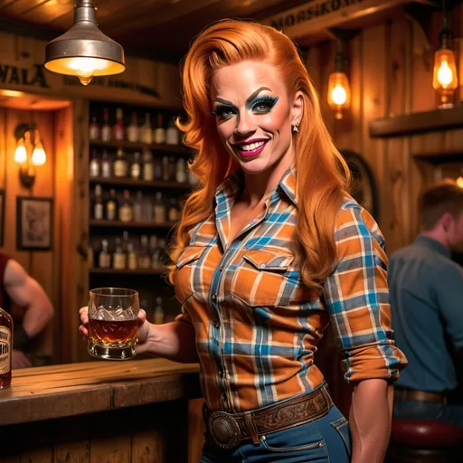 Prompt: Gorgeous (ultra-muscular) 25-year-old Norwegian drag queen bodybuilder with waist-length (dark orange) hair, wearing a flannel shirt, standing in a vibrant western saloon, serving whiskey to a cheerful drunken cattleman, engaging in lively conversation. (Warm, rustic tones), illuminated by dramatic lighting, detailed wooden decor, and classic saloon elements, depicting an energetic and entertaining atmosphere. High-quality (4K), ultra-detailed environment.