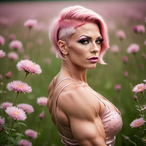 Prompt: A gorgeous muscular 35-year-old Czechian drag queen bodybuilder (very strong masculine jawline and brow features) with huge busom, short pink hair, in a short, airy transparent dress, flying in a field of wild flowers. Professional photography, bokeh, natural lighting, canon lens, shot on dslr 64 megapixels sharp focus