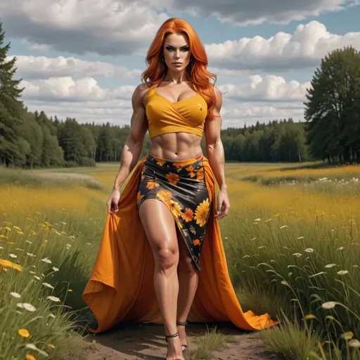 Prompt: 4k , high resolution , detailed features ,achromatic colors , realism ,fashion , glamour photography , art photography , landscape ,view, a gorgeous ultra-muscular 25-year-old Finnish drag queen goddess bodybuilder with huge busom and ridiculously long burnt orange shiny straight hair, standing in a beautiful meadow in modeling pose ,detailed yellow crop top t-shirt , multicolored floral wrap-around skirt , legs , low angle shot , 8 inch stiletto open toe high heel shoes