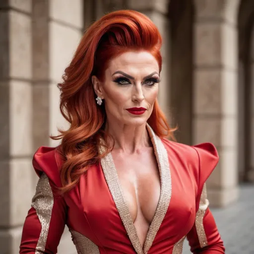 Prompt: Gorgeous muscular 35-year-old Hungarian drag queen bodybuilder (strong masculine jawline and brow facial features) with big busom and bright red hair, wearing (Fendi Outfit), stilettos, stylish fashion, contemporary chic, luxurious textures, dynamic patterns, bold accessories, warm and inviting color tones, high fashion aesthetic, expertly tailored, ultra-detailed, sophisticated ambiance, high-end fashion photography, vibrant background with urban elements, sharp focus, (4K quality).