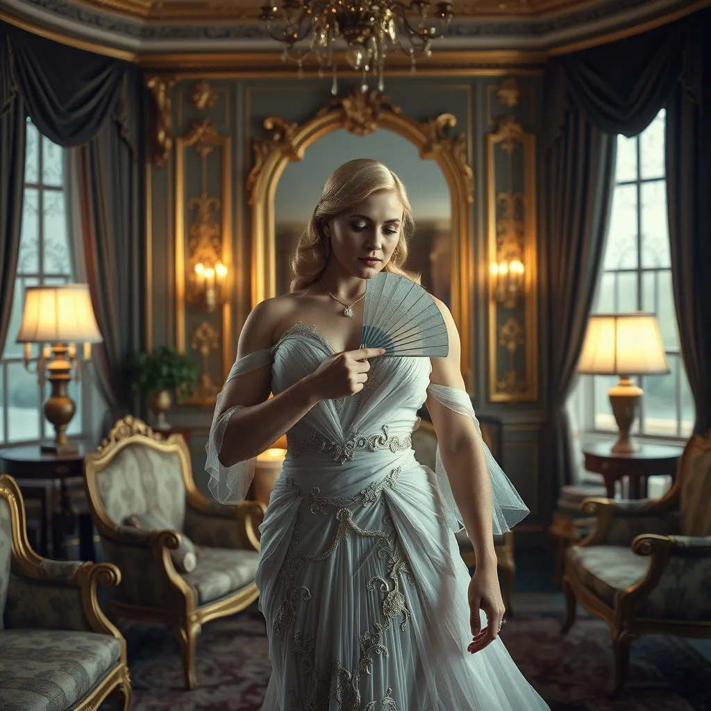 Prompt: A stunning, cinematic gigapixel photo masterfully blending photography and digital art, enhanced by the power of Unreal Engine 5 and NVIDIA Ray Tracing technology. The scene transports us to a luxurious drawing room in the 1920s, where a gorgeous, ultra-ultra-muscular 25-year-old Swedish drag queen bodybuilder in an exquisite, flowing dress stands amidst opulent furnishings and intricate details. She holds a delicate fan, her thoughtful and melancholic expression hinting at the complex social games and intrigues of the era. The composition captures the glamour and elegance of the time, with a focus on the detailed interiors and her subtle facial expressions, reflecting the layered emotions and societal expectations of women during that time., cinematic, photo, fashion