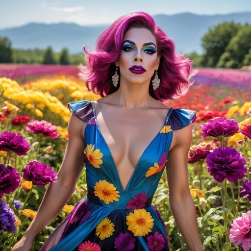 Prompt: (Gorgeous muscular 25-year-old French drag queen walking through a field of vibrant colored flowers), (flowing summer dress just above the knees), basking in the warm sunlight, surrounded by a dazzling array of flowers in full bloom, dark smoky eyeshadow,  dark lipstick, vivid colors like magenta, yellow, and blue, clear blue sky above, cheerful ambiance, high-resolution 4K imagery, capturing the blissful essence of a perfect summer day.