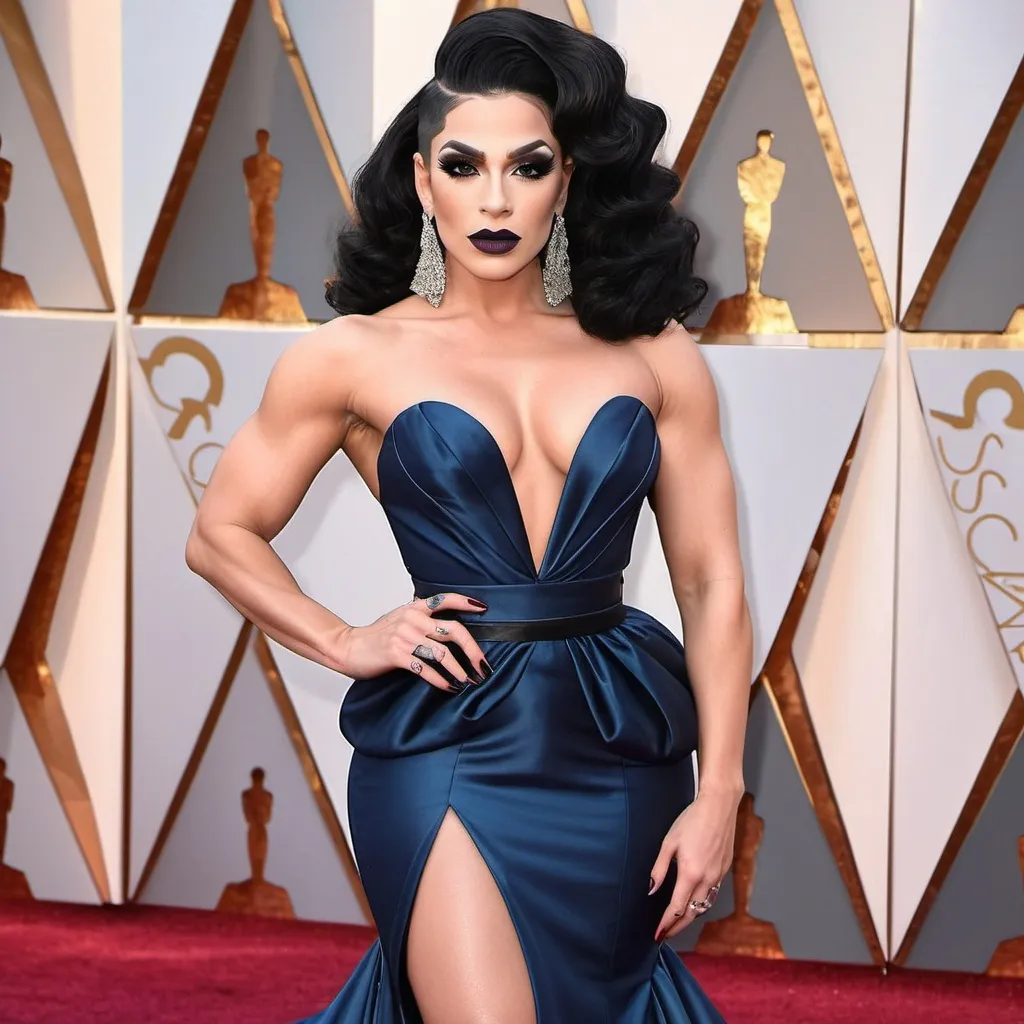 Prompt: Gorgeous thicc muscular 25-year-old Slovenian drag queen (very strong masculine jawline and brow features) with large busom wearing a beautiful stylish multi-fabric gown with long train, 8 inch stiletto high heel shoes.  Dark eyeshadow and dark lipstick. Walking the red carpet at the Oscars.