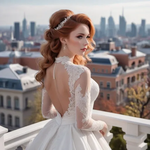 Prompt: Gorgeous 25-year-old Finnish goddess body builder with long wavy scarlet updo hair wearing an elegant modest white wedding dress, standing on the balcony of her luxurious mansion overlooking the city skyline. She has soft makeup and hair styled into loose waves with bangs. The gown features delicate lace detailing along its bodice and halter neckline, complemented by sheer sleeves that accentuate her figure's curves. Her pose is confident yet graceful as she gazes out at the horizon, embodying grace and elegance in timeless beauty in the style of a classic painting