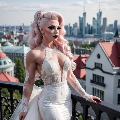 Prompt: Gorgeous ultra-muscular 25-year-old Finnish drag queen bodybuilder with ridiculously long wavy platinum pink updo hairstyle wearing an elegant white wedding dress, standing on the balcony of her luxurious mansion overlooking the city skyline. She has dark eye makeup and dark red lipstick. The gown features delicate lace detailing along its bodice and halter neckline, complemented by sheer sleeves that accentuate her figure's curves. Her pose is confident yet graceful as she gazes out at the horizon, embodying grace and elegance in timeless beauty in the style of a classic painting