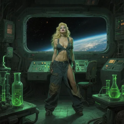 Prompt: image in the style of Boris Vallejo, Luis Royo.
An image of a 35-year-old French drag queen with a perfect open body and long blonde hair, wearing an old overalls pulled down to her waist. She stands in a dark and gloomy biological laboratory of an interplanetary station. in the background: a large rectangular panoramic porthole with a view into space, control panels, greenish backlighting. detailed masterpiece..