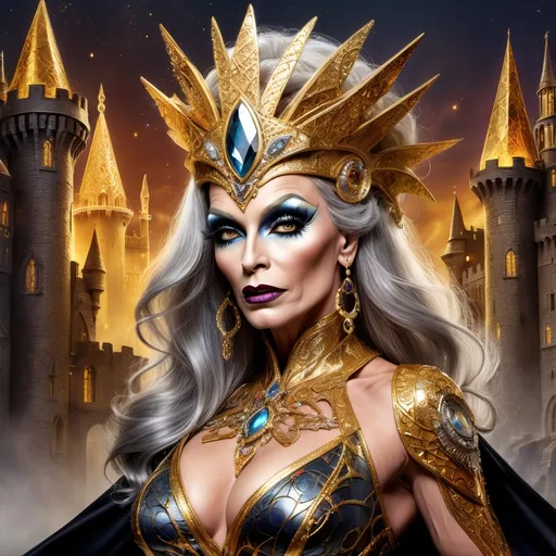 Prompt: Fantasy illustration of a powerful 55-year-old British drag queen bodybuilder sorceress, vibrant gold and silver color palette, ancient castles in the background, dark eye makeup, darl lipstick,  flowing silk garments with intricate Wiccan patterns, majestic headdress adorned with gemstones, 8 onch stiletto high heel shoes, mystical glowing staff, high quality, detailed fantasy, British, mystical, powerful sorceress, gold and silver, ancient castles, flowing garments, Wiccan patterns, majestic headdress, glowing staff, fantasy illustration, vibrant colors, mystical atmosphere