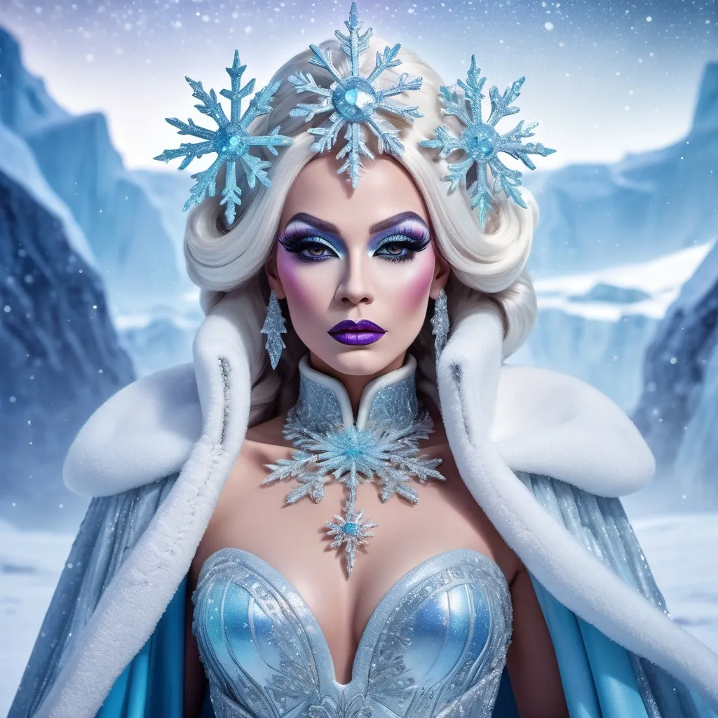 Prompt: The most beautiful drag queen on the Planet Hoth wearing the traditional Hoth dress.