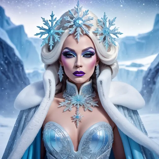 Prompt: The most beautiful drag queen on the Planet Hoth wearing the traditional Hoth dress.