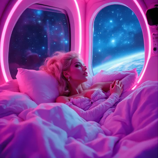 Prompt: Gorgeous nostalgic 25-year-old caucasian Polish drag with big busom inside a spaceship, in light clothes, sitting in bed under pink neon lights, looking to the stars through the window