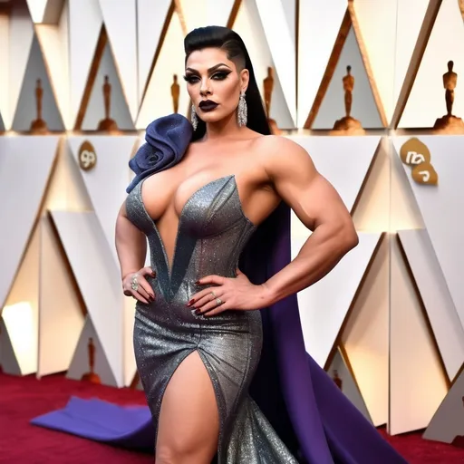 Prompt: Gorgeous thicc muscular 25-year-old Slovenian drag queen (very strong masculine jawline and brow features) with large busom wearing a beautiful stylish multi-fabric gown with long train, 8 inch stiletto high heel shoes.  Dark eyeshadow and dark lipstick. Walking the red carpet at the Oscars.