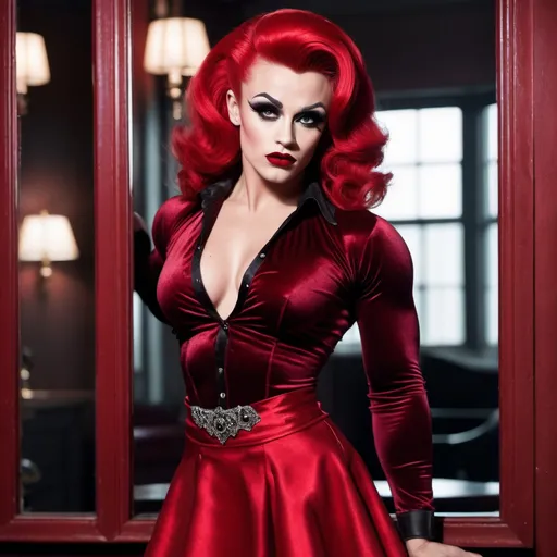 Prompt: Imagine a photo of James Dean dressed up as a gorgeous ultra-muscular 25-year-old Finnish drag queen bodybuilder, mirror behind her. wearing a red goth velvety blouse, and short pleated skirt and black tights. wearing a choker. Dark eye shadow, heavy mascara, dark red lipstick. very attractive. high detail realistic. full body shot, professional photo. Studio lighting, backlit, realistic lighting. hdr uhd 8k ultra-realistic render,  very high detail skin, beautiful face,