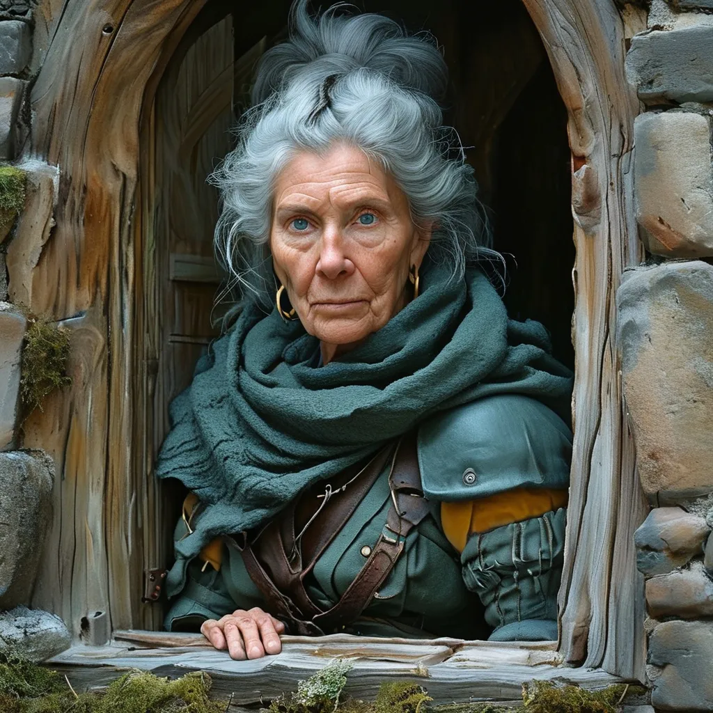 Prompt: Wizened, yet vital, the sorceress Richeldis the Grim peers from the window of her grey stone tower. She is a gorgeous, ultra-muscular middle-aged Swiss goddess bodybuilder, her grey hair swept up in an untidy bun pinned with chalcedony rods. She wears practical garments: a dark green woollen shawl, a sturdy linen chemise, a worn leather bodice, and 8 inch stiletto high heel boots. 