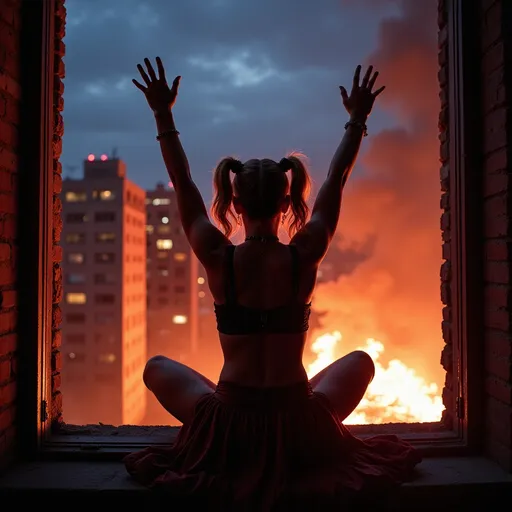 Prompt: Drag queen Harley Quinn perched on a window, hands in the air in triumph, gazing into a fiery cityscape, flames illuminated against a dark sky, dramatic tones, vivid reds and oranges, smoke swirling in the air, high detail, moody atmosphere, urban environment, nighttime, powerful contrast, cinematic lighting, ultra-detailed, surreal and intense emotional vibe.