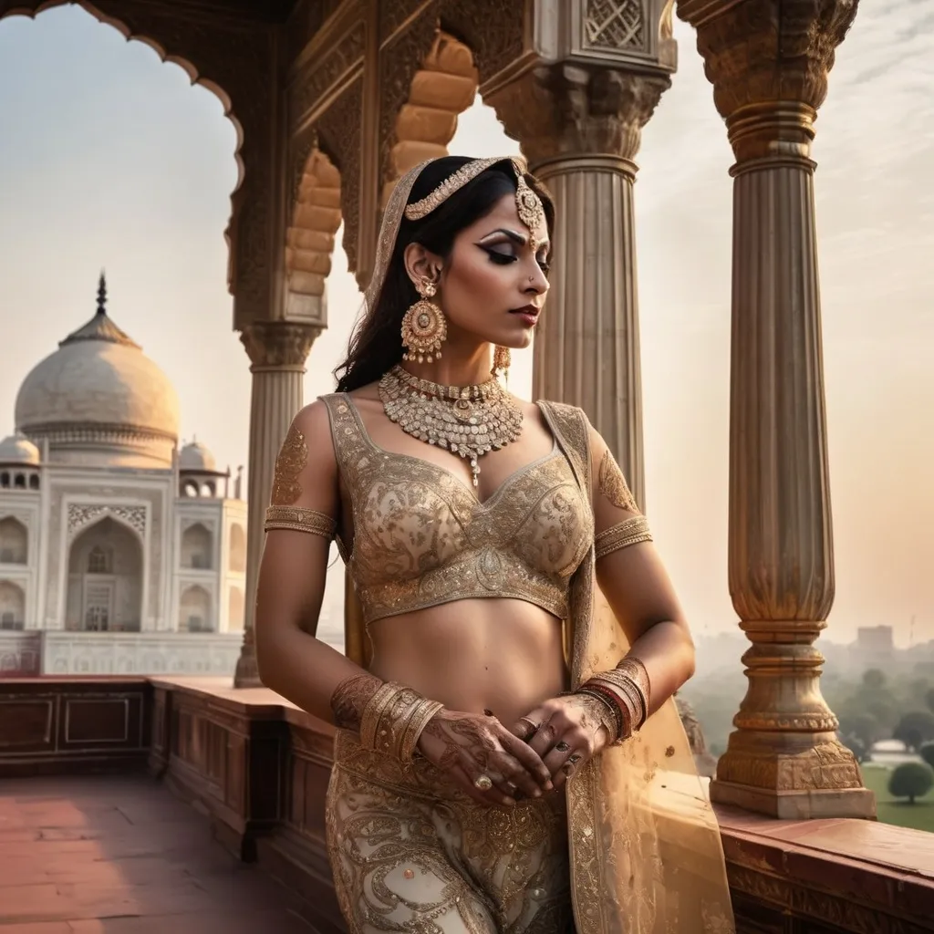 Prompt: A breathtakingly beautiful, muscular 35-year-old Indian drag queen bodybuilder princess from ancient times, standing gracefully in the majestic palace of the Taj Mahal. She wears an opulent, traditional Mughal-era royal outfit, intricately embroidered with gold and encrusted with precious gemstones. Her flowing silk dupatta shimmers under the soft moonlight, casting a mystical glow. Delicate henna patterns adorn her hands, and exquisite jewelry—bejewelled maang tikka, heavy gold necklaces, and shimmering bangles—enhance her regal elegance.

The palace is bathed in a dreamy, ethereal light, with the marble reflecting hues of silver, gold, and soft pastels. Floating flower petals drift through the air, carried by a gentle, unseen breeze. The atmosphere is infused with an enchanting, fairytale-like glow, as if the scene exists between dreams and reality. Wisps of golden mist swirl around her feet, and the sky above is illuminated by a crescent moon and twinkling stars. In the background, the silhouette of the Taj Mahal stands majestically, its domes glowing under the celestial light. The entire scene radiates an aura of romance, mystery, and divine elegance, as if touched by the gods themselves.