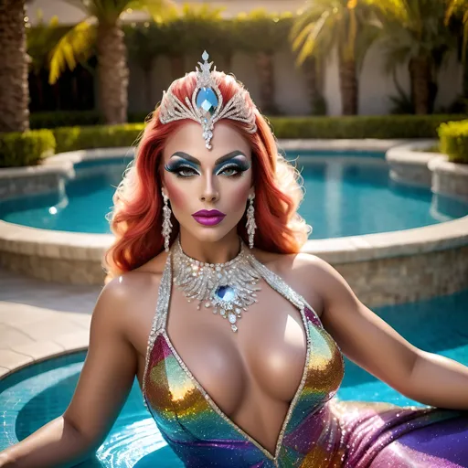 Prompt: Glamorous, gorgeous,  muscular 25-year-old Turikish drag queen princess sitting majestically (stunning pose) on a shimmering pool, luxurious attire embellished with jewels, radiant beauty exuding elegance, surrounded by sparkling water, sun glinting off the surface, high-class ambiance, vibrant colors reflecting off the pool, serene and enchanting atmosphere, captivating eye for detail, 4K HD, ultra-detailed cinematic masterpiece.