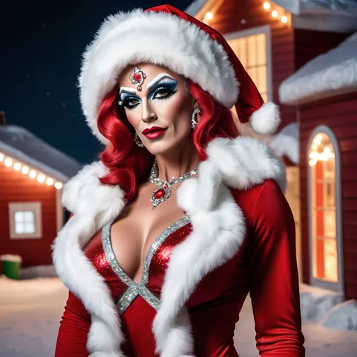 Prompt: Santa Claus dressed up as a gorgeous muscular Turkish drag queen. Posing at the north pole at night. 