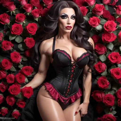 Prompt: Gorgeous ultra-muscular 25-year-old caucasian drag queen bodybuilder with huge busom, long muscular legs and ridiculously long wavy dark red & black hair dressed in a corset bodysuit, wearing 8 inch stiletto high heel shoes, and sheer nylons laying in bed of roses, posing flirtatiously. 