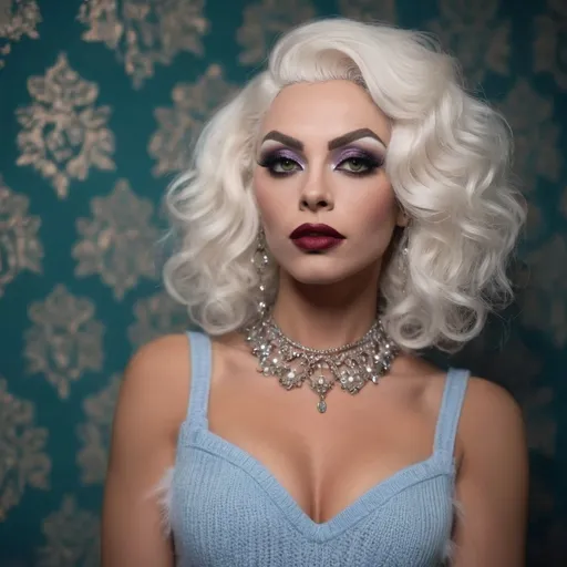 Prompt: Gorgeous muscular 35-year-old French drag queen (with very strong masculine jawline and brow facial features) with large busom and long curly silver hair, in a modern home, against a wall with wallpaper and furniture background, wearing long cable knitted angora mohair sweater , (extremely fluffy:1.8) angora mohair sweater, from side, looking at viewer, smile, (full lips:1.8), dark red lipstick, dark eyeliner, dark makeup, 8k, very detailed, green eyes, very detailed eyes,
source_real, raw, photo, amateur, french drag queen, Close-Set Eyes, [eyecolors violet], full lips, high cheekbones, weak receding chin, burgundy, lob, light blue, lip gloss, __15JeweleryMaterials__ __14Piercing__, large busom,  gorgerous, outdoor, portrait, , highly detailed, detailed skin, depth of field, film grain
(photorealistic) (bokeh) (intricate details) (cinematic lighting) (sharp focus)
