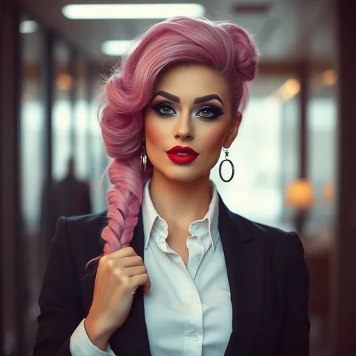 Prompt: photorealistic, (Holga photography), gorgeous ultra-muscular 25-year-old Russian drag queen businesswoman with long pink updo hair, drak eyeshadow and dark red lipstick,  (flirty expression), (playful pose), full body, low-fidelity dreamy aesthetic, soft light flare, analog photography style, vintage charm, grainy texture, warm tones, stylish attire, evoking authority and elegance, reminiscent of classic business imagery, capturing a moment of confidence, (low quality), ideal for a striking portfolio or profile shot, perfect blend of retro and modern vibes.