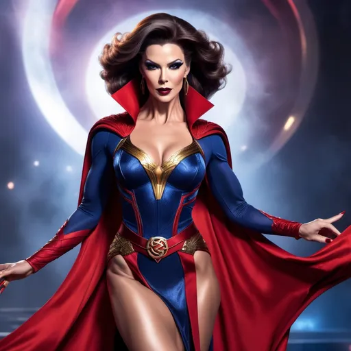 Prompt: If Dr. Strange was a gorgeous muscular drag queen (full length photo) with long muscular legs and a very muscular physique. Performing in a beautiful gown. Dark eye shadow, heavy mascara, and dark red lip stick.