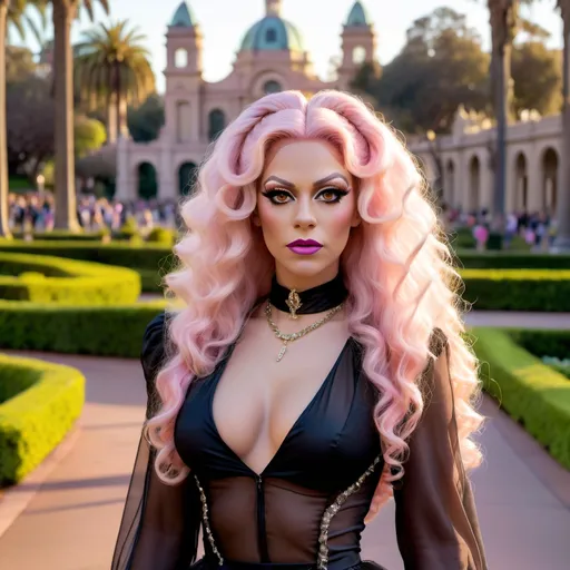 Prompt: Gorgeous muscular 25-year-old Czechian drag queen with long curly pink hair, walking at sunset in San Diego Balboa Park wearing a sheer see through blouse with a long sheer skirt and high heel boots, hair up in a bun, with a choker necklace on, looking to side solemn expression, naughty Victorian style