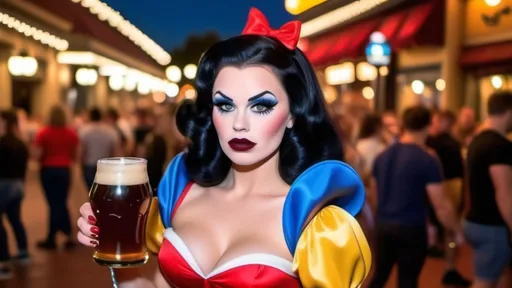 Prompt: Gorgeous ultra-muscular 25-year-old Swedish drag queen Snow White with 8 inch stiletto high heel shoes, dark mascara, eyeshadow and dark red lipstick, standing in Disney World holding a beer and flirting with guests at night