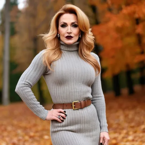 Prompt: Dressed in a cozy light gray knitted sweater dress featuring a high turtleneck and pattern detailing, the Gorgeous muscular 35-year-old olive-skinned French drag queen bodybuilder (with masculine facial features, dark lipstick, large busomto strawberry-blonde hair) exudes warmth and style against an autumnal backdrop. A chic beige belt accentuates her waist, adding a touch of sophistication to her look. She pairs the dress with sleek over-the-knee black boots that elongate her legs, while her wavy hair cascades effortlessly over her shoulders. The earthy tones of fallen leaves scattered on the ground complement the scene, suggesting a cool, crisp day, perfect for outdoor outings. Her playful pose and subtle pout convey a confident, carefree spirit, inviting warmth amidst the chilly setting.