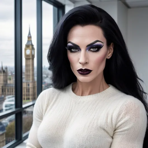 Prompt: Gorgeous muscular 35-year-old French drag queen with strong masculine jawline,  very long black hair, dark eyeshadow, and dark lipstick, in the CAD office wearing a white chenille knitted sweater, next to the window with London city and Big Ben view