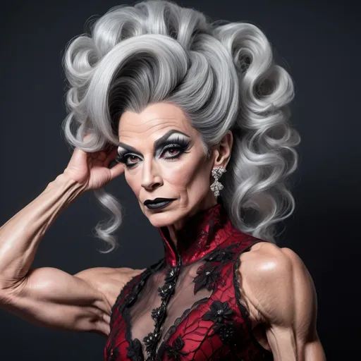 Prompt: Gorgeous ultra-muscular 55-year-old French drag queen bodybuilder with long silver & black updo hair, dark eye makeup, dark lipstick, Elegant full lace dress , flowery lace , crimson , calf length , 8 inch stiletto high heel shoes,  realistic,  full body