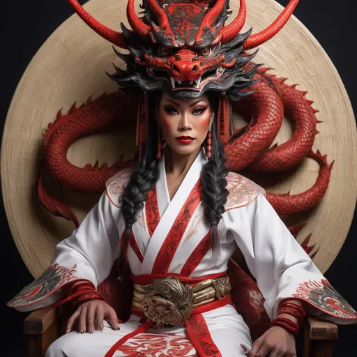 Prompt: A breathtaking fantasy scene featuring a strong and graceful 35-year-old muscular drag queen samurai warrior seated confidently. She wears an intricately designed white robe with vibrant red accents, adorned with ceremonial accessories and intricate patterns. Her intense gaze is framed by braided hair beneath a wide straw hat. A majestic and powerful black dragon coils protectively behind her, its scales shimmering amidst swirling ethereal smoke. The dynamic background is filled with vibrant magical particles and mist, creating a mystical atmosphere. Soft, cinematic lighting highlights the textures of her attire and the dragon’s imposing form, inspired by Japanese folklore and fantasy art.
