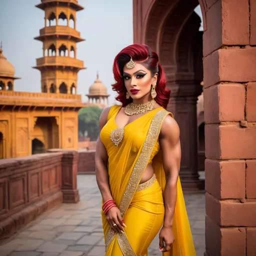 Prompt: Gorgeous ultra-muscular 25-year-old Pakistani drag queen bodybuilder with short dark red updo hairstyle wearing a Yellow saree with hot bose and 8 inch stiletto high heel shoes. Posing at The Walled City of Lahore.