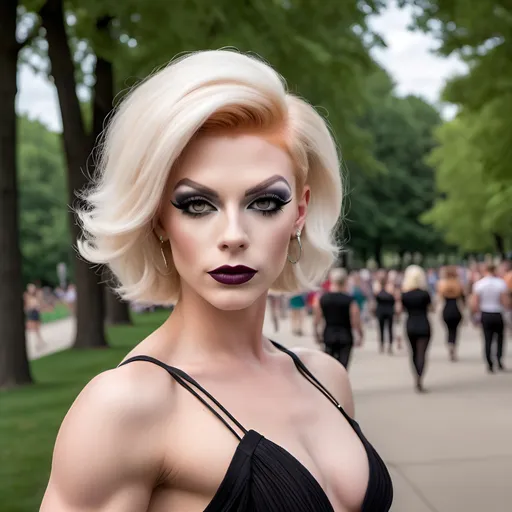 Prompt: A gorgeous muscular red-headed 25-year-old Czechian drag queen with a cute platinum blonde swept over pixie hair, with  strong masculine facial features,  dark eyeshadow and dark lipstick,  wearing a Knit Pleat-Back Dress, and 8 inch stiletto high heel shoes,  walking through Grant Park in the summer.