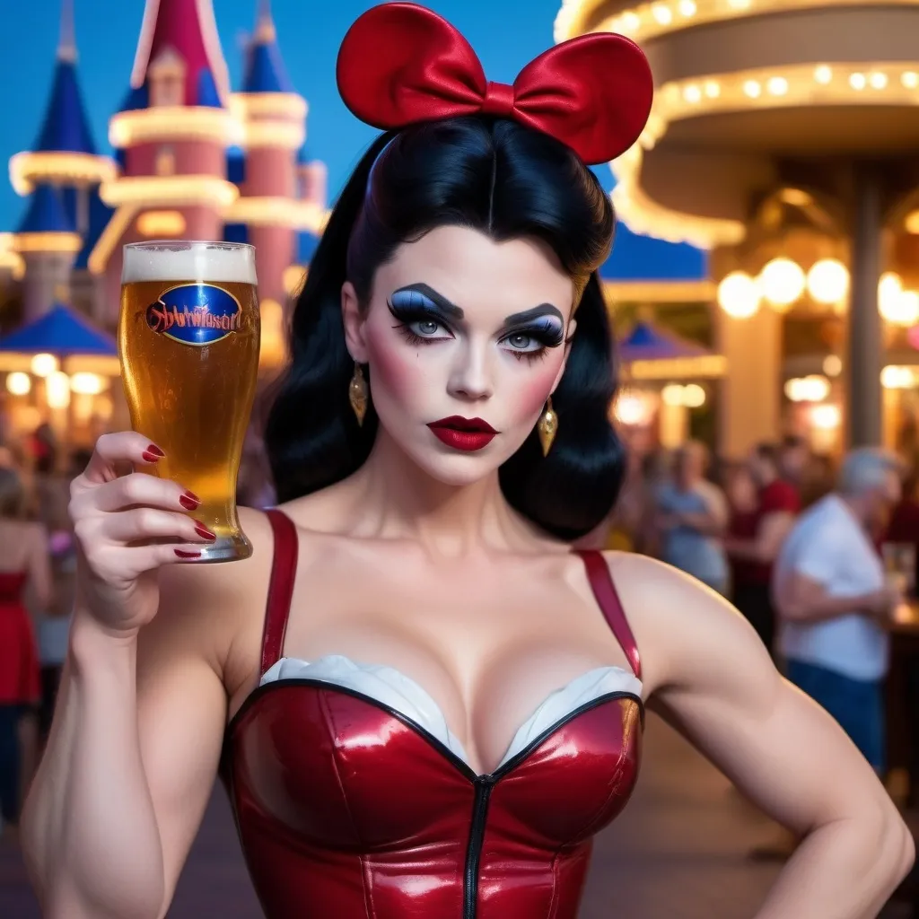 Prompt: Gorgeous ultra-muscular 25-year-old Swedish drag queen Snow White with 8 inch stiletto high heel shoes, dark mascara, eyeshadow and dark red lipstick, standing in Disney World holding a beer and flirting with guests at night