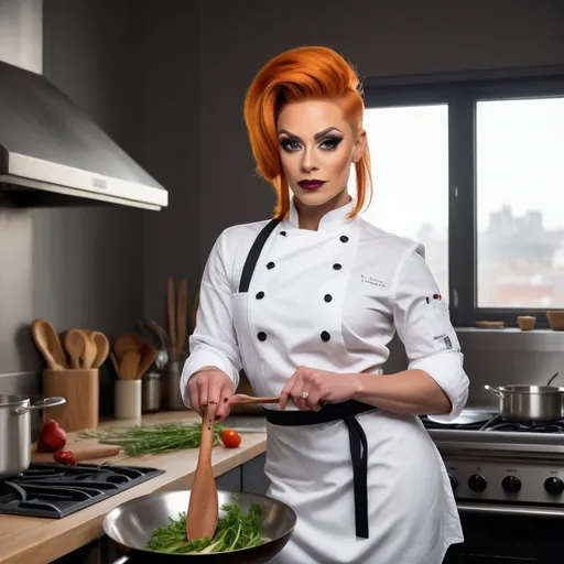 Prompt: The portrait should capture a confident gorgeous muscular 25-year-old Norwegian drag queen chef, standing in a stylish, modern kitchen. She’s wearing a crisp white chef's jacket with neatly rolled sleeves, and an apron tied around her waist. Her face has a warm, friendly expression, with eyes that show both passion and focus. Her short, dark orange hair is well-groomed. She has on dark eyeshadow and dark red lipstick.

In one hand, she’s holding a wooden spoon, stirring a pot on the stove, and in the other, she’s holding a small plate with artfully arranged food. The kitchen behind she is sleek, with stainless steel counters, pots hanging on the walls, and fresh ingredients like herbs and vegetables neatly arranged. The colors are vibrant yet natural, giving a sense of liveliness and freshness, with subtle hints of warm sunlight streaming in through a nearby window.

Overall, the mood is a blend of professional mastery and down-to-earth charm, conveying a chef who loves her craft and connects with her food and environment.