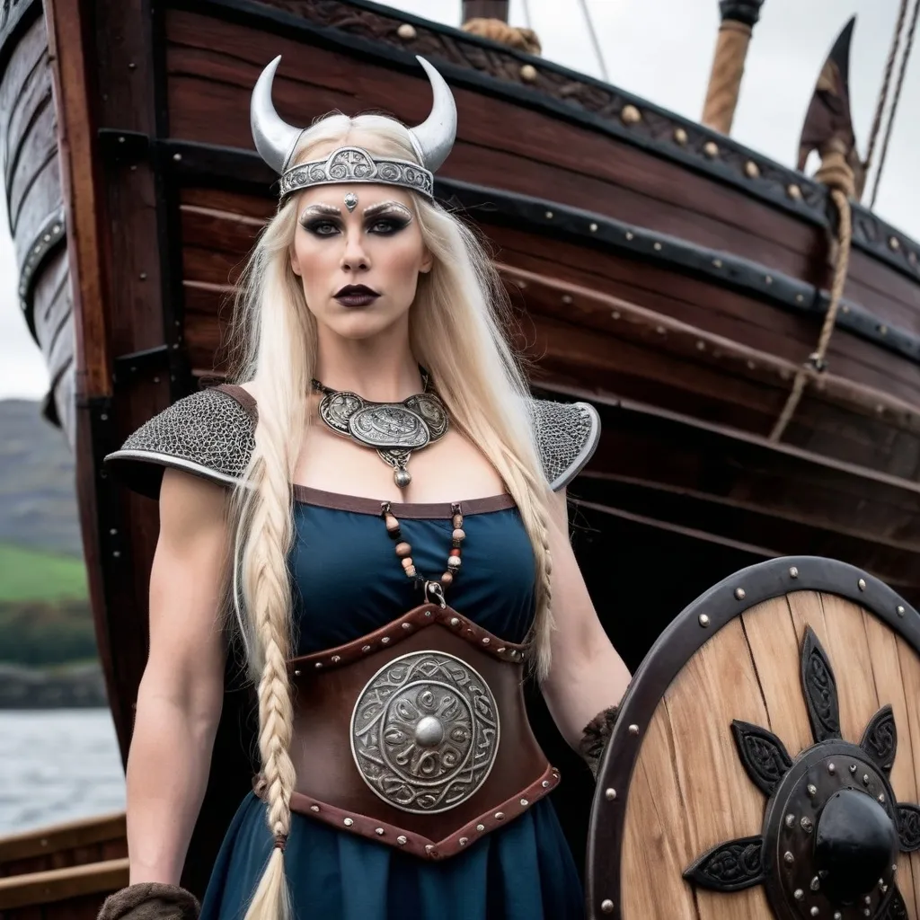 Prompt: A full length image of a Gorgeous muscular 25-year-old drag queen shield (with slight masculine jawline and brow facial features) maiden of the Viking Kingdom of Jorvik 875AD standing by A Viking Longship. She has long loose platinum blonde hair, dark eye make and dark lipstick..  She has a large busom. She is wearing traditional Viking female clothing of the period. She is wearing Viking face and body jewellery.