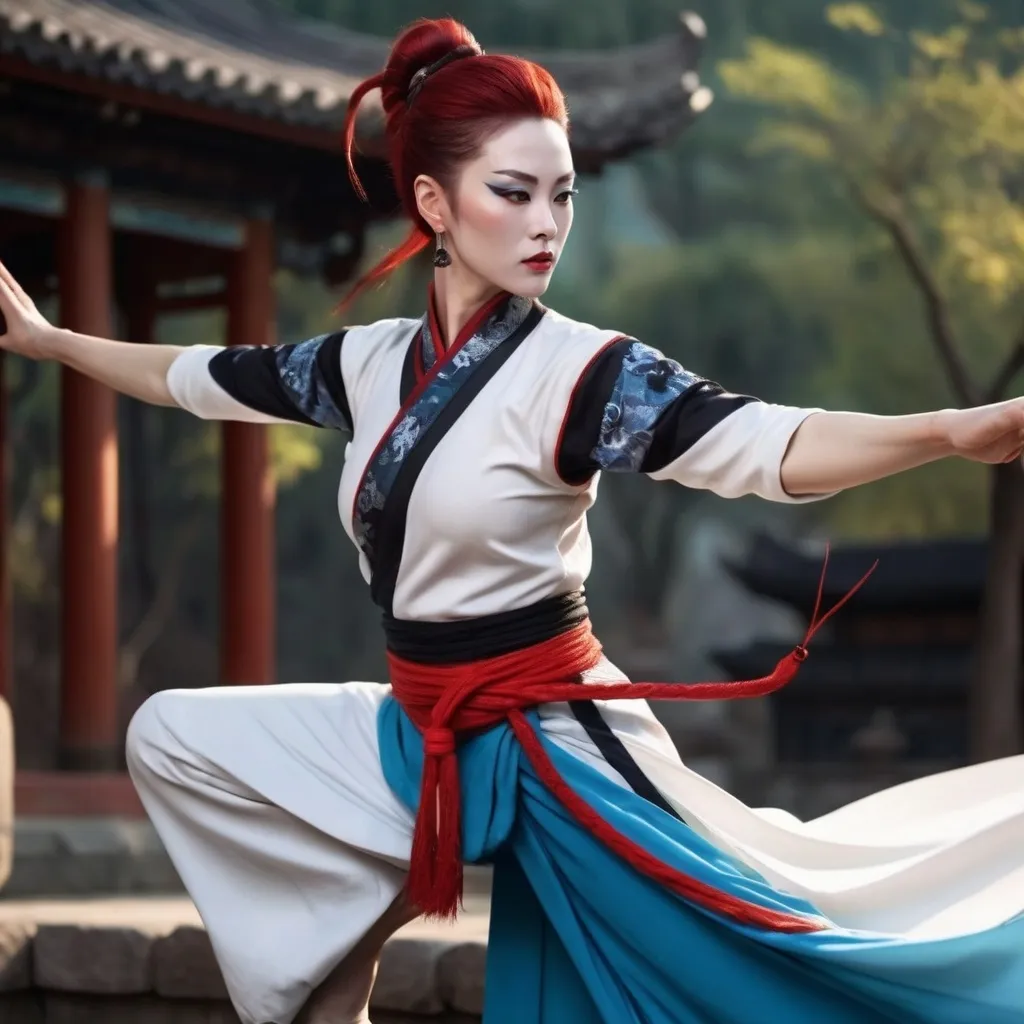 Prompt: Central to the image is a (drag queen kungfu master), (shaolin temple), 
 (mountain view), flowing dark red hair cascading down her shoulders, dressed in a traditional Taiji workout with exquisite (red, blue and black) patterns, dynamic pose, fair white skin, beautiful green eye, show abs, perfect anatomy, centered, freedom, soul,tie up bun hair, approach to perfection, cell shading, 4k , cinematic dramatic atmosphere, global illumination, detailed and intricate environment, , cinematic lighting,illuminated by warm, soft light, enhancing the tranquil and graceful atmosphere, (HD), showcasing her delicate features and serene expression in a captivating portrait style.ng,