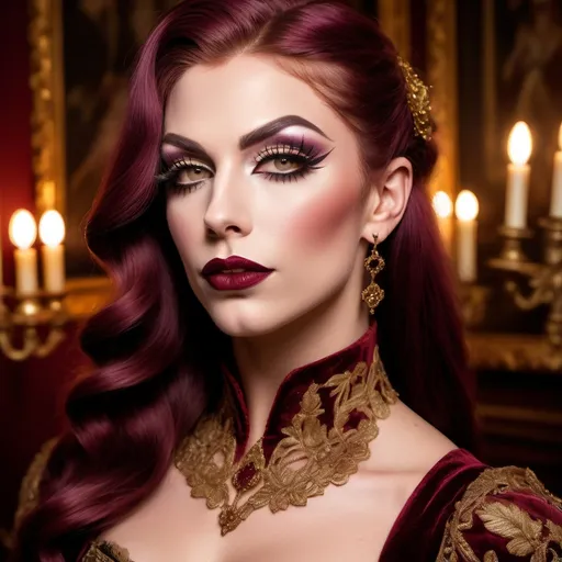 Prompt: Gorgeous muscular 25-year-old British drag queen, dark lipstick, heavymascara, vibrant Tudor-era attire, intricate lace details, embroidered patterns, serene expression, elegant pose, rich background of a historic castle, warm gold and deep crimson tones, soft diffused lighting, classical artwork style, ultra-detailed, regal atmosphere, capturing the essence of 16th-century nobility, majestic ambiance.