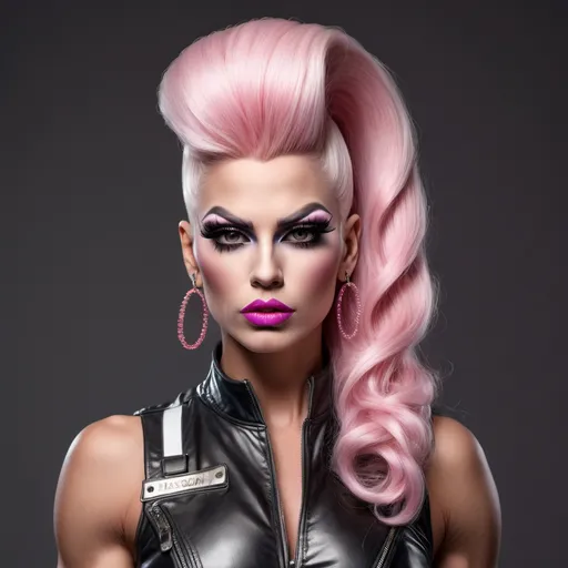 Prompt: Photorealistic, 8k, full length, a rough tough male biker convict cleaned up and dressed up as an attractive spoiled bratty drag queen, she has strong masculine facial features, plump pouty oversized lips, duck lips, Chiseled strong masculine jawline, masculine brow, muscular physique, huge platinum pink bouffant hairstyle with beehive bun and long extensions, wearing a cute 1950s style dress and 8 inch stiletto high heels, extremely heavy chav makeup style, she is walking,