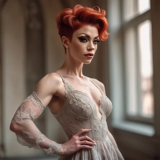 Prompt: (Gorgeous ultra-muscular 25-year-old Czechian drag queen bodybuilder with very short bright red hair dresse in a delicate Valentino dress), ethereal elegance, soft flowing fabric, intricate lace details, graceful pose, capturing a moment of poise, muted colors with gentle pastel tones, background featuring an opulent setting, dreamy ambiance, ultra-detailed, high quality, focusing on fashion artistry, bringing forth luxury and sophistication.