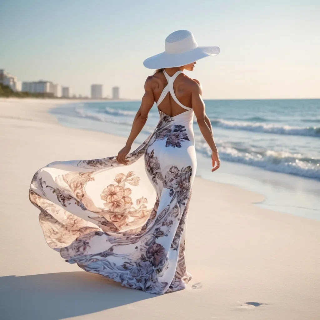 Prompt: Gorgeous ultra-muscular goddess bodybuilder, 30yo,   ((long flower print Empire Dress with a high neck line and white hat)) walking elegantly by the sea at dawn,  standing on white beach sand, side view