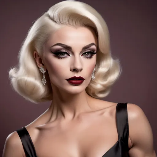 Prompt: photorealistic, (old Hollywood style), (sophisticated gorgeous muscular 25-year-old Russian drag queen bodybuilder (strong masculine jawline and brow features)), elegant attire reminiscent of Audrey Hepburn, full length body, platinum blonde hair styled in vintage glamour, dark smoky eyeshadow and dark red lipstick,  soft lighting capturing a nostalgic atmosphere, muted pastel colors, timeless beauty, luxurious and refined setting, classic film vibe, vintage glamour, HD, ultra-detailed,