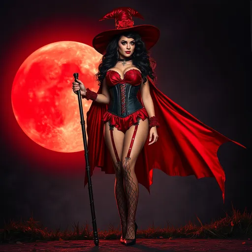 Prompt: a gorgeous ultra-muscular 25-year-old Romanian drag queen bodybuilder in a witches costume standing in front of a full moon, promotional art, strong red hue, ign, (dark long curly hair), heavily upvoted, inspired by Greg Staples, bright red, wearing corset, 8 inch stiletto high heel shoes.