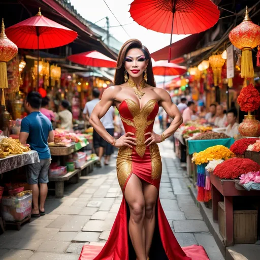 Prompt: A full-body view of a gorgeous Thai drag queen bodybuilder in a traditional red and gold dress, standing on a cobblestone street in a bustling Thai market, with vibrant stalls and colorful canopies in the background fully in focus.