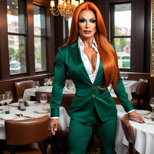 Prompt: Gorgeous ultra-muscular 38-year-old Romanian drag queen bodybuilder, very well endowed, ridiculously long dark orange straight shiny hair, wearing a dark green suit, white Button up dress shirt, dark green color tie, Dark green slacks, and 8 inch stiletto high heel platform shoes, Wide shoulders, full-length, in classy restaurant.