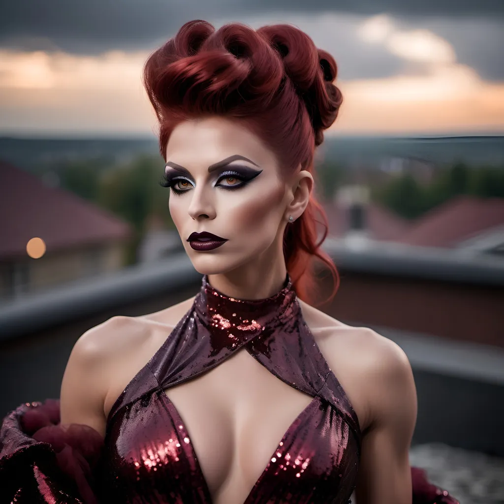 Prompt: Gorgeous muscular 25-year-old Czechian drag queen with long dark red flowing updo hair, dark eyeshadow and dark lipstick, long flowing sequined gown, romantic outdoor setting, dramatic sky, An ultra-realistic photograph captured with a Sony α7 III camera, equipped with an 85mm lens at F 1.2 aperture setting,  The image, shot in high resolution and a 16:9 aspect ratio, captures the subject’s natural beauty and personality with stunning realism –ar 16:9 –v 5.2 –style raw