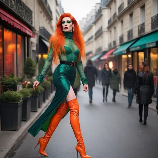 Prompt: Mysterious, Tall, gorgeous, muscular, 25-year-old French drag queen (masculine jawline and brow facial features) with long bright orange stylish hair, dark eyeshadow,  and dark red lipstick, wearing a beautiful green outfit and 8 inch stiletto red thigh-high stiletto high heel boots, walking the streets of Paris on a foggy evening.