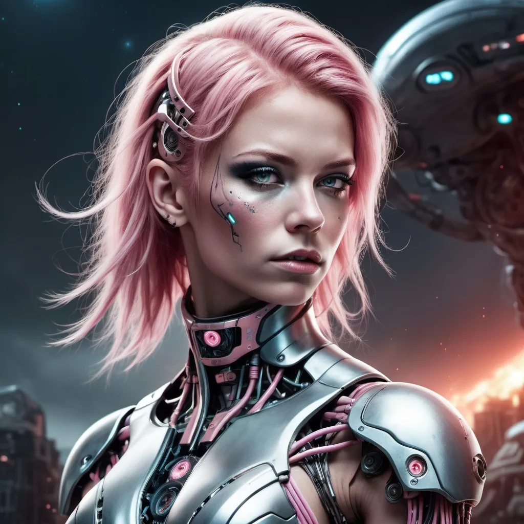 Prompt: Gorgeous ultra-muscular 25-year-old pink haired Finnish female goddess cyborg in battle against aliens. Science fiction futuristic background. 