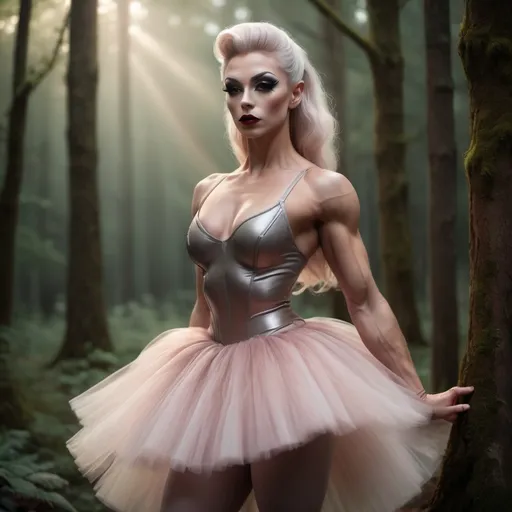 Prompt: (focused character gorgeous ultra-muscular 25-year-old Swedish drag queen bodybuilder), (elegant ballet pose), soft warm lighting, large busom, flowing pastel-colored tutu, enchanted forest background, delicate expression, intricate details in attire, dark eyeshadow,  dark red lipstick, immersive atmosphere, ethereal vibe, graceful movements, dreamy ambiance, intricate ballet shoes, glowing soft light filtering through trees, beautiful HD quality, atmospheric cinematic mastery