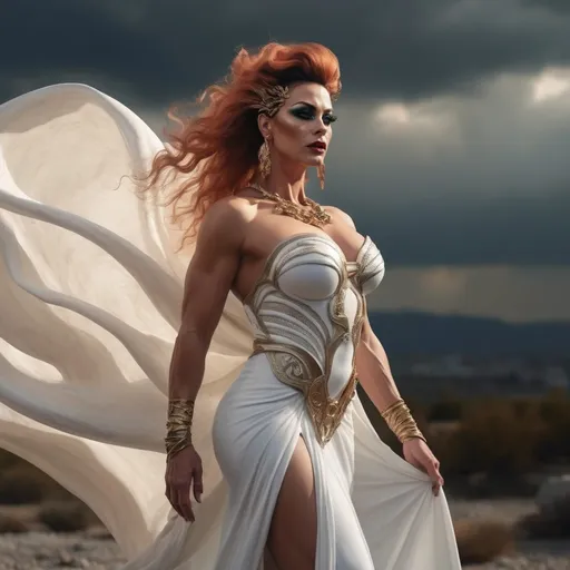 Prompt: HD 4k 3D 8k professional full-body modeling photo hyper realistic gorgeous muscular 35-year-old Greek drag queen bodybuilder with big busom wearing long flowing togas, enchanted, ethereal greek goddess, extremely long salt & pepper updo hair, full body surrounded by ambient glow, magical, highly detailed, intricate, beautiful superhero style, Storm, outdoor landscape, highly realistic drag queen, high fantasy background, elegant, mythical, surreal lighting, majestic, goddesslike aura, Annie Leibovitz style 

